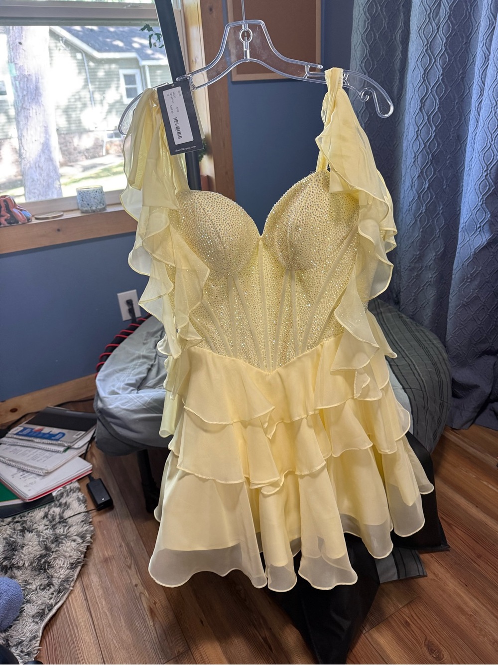 Soft Yellow Ruffle Chiffon Prom Dress with Beaded Bodice